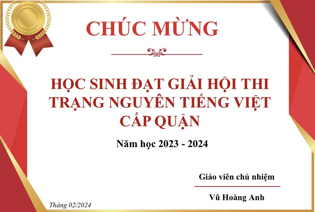 Vinh danh các bạn học sinh lớp 3A2 đạt giải cao trong kì thi Trạng nguyên Tiếng Việt cấp Quận (Năm học 2023-2024)